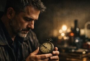 Homem adulto em ambiente escuro observando relógio mecânico enquanto ao fundo luzes difusas representam consumo e distração.