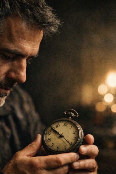 Homem adulto em ambiente escuro observando relógio mecânico enquanto ao fundo luzes difusas representam consumo e distração.