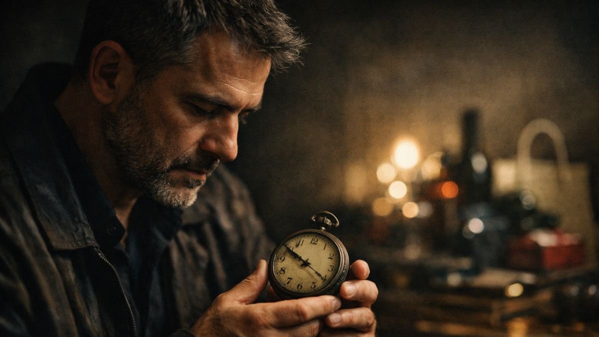 Homem adulto em ambiente escuro observando relógio mecânico enquanto ao fundo luzes difusas representam consumo e distração.