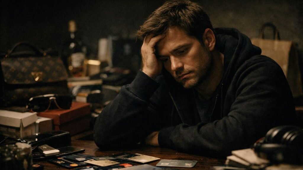 Pessoa cercada por objetos e cartões em ambiente escuro com iluminação contrastada, simbolizando dependência disfarçada de liberdade.