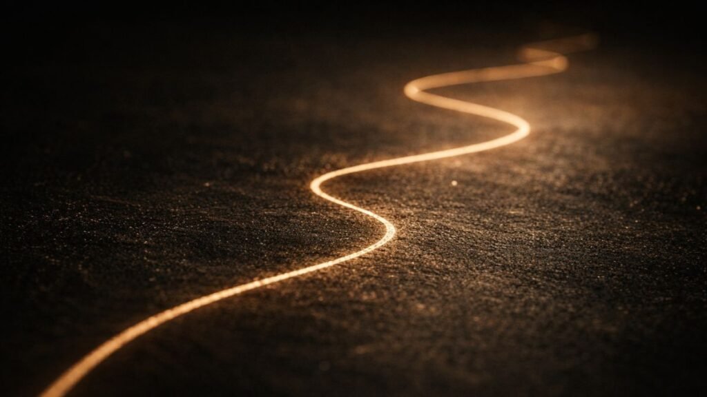 Linha contínua esculpida com precisão em superfície escura com iluminação suave, simbolizando consistência ao longo do tempo.