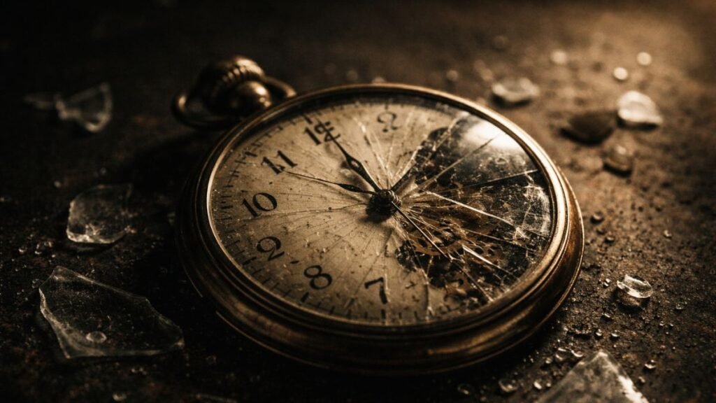 Relógio danificado com fragmentos espalhados sobre superfície escura representando perda de tempo e consequência invisível.