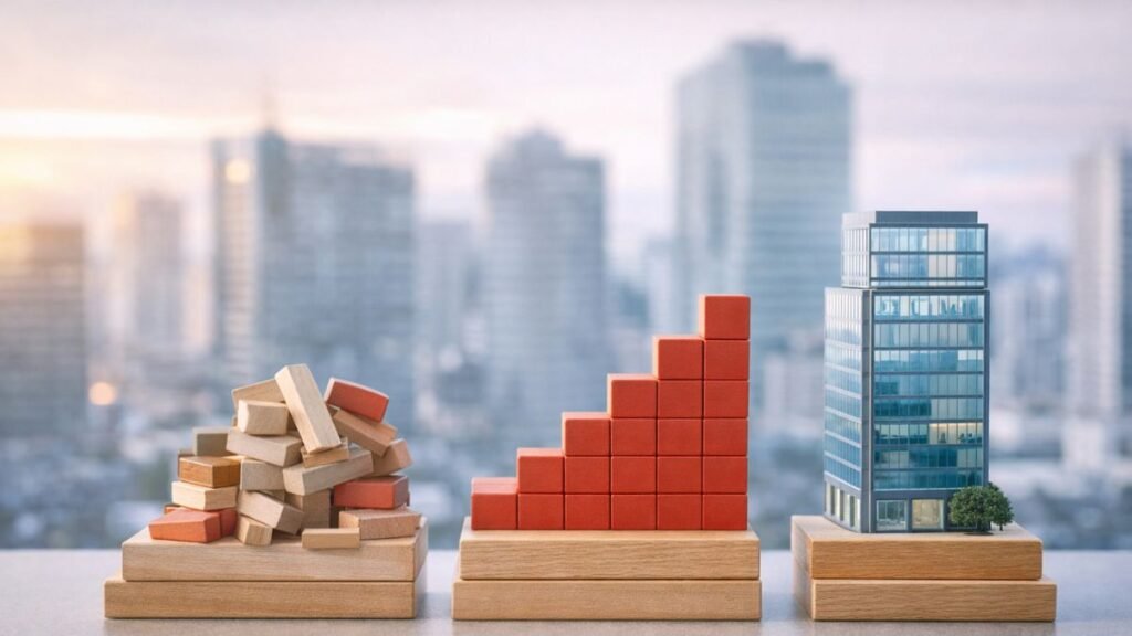 Estrutura evoluindo ao longo do tempo simbolizando impacto da organização na customer experience