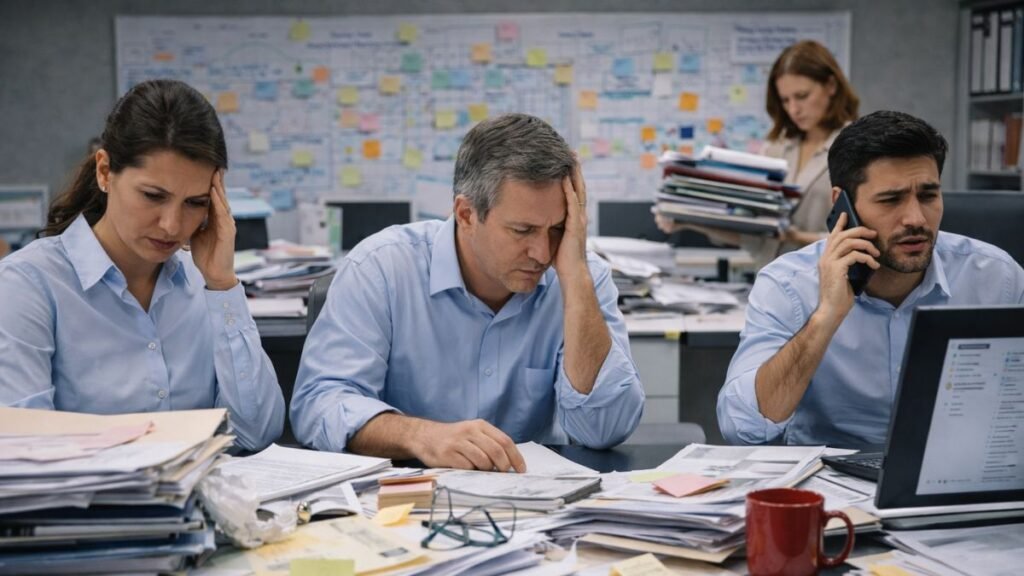 Ambiente corporativo sob pressão com sinais de desorganização simbolizando impacto na customer experience