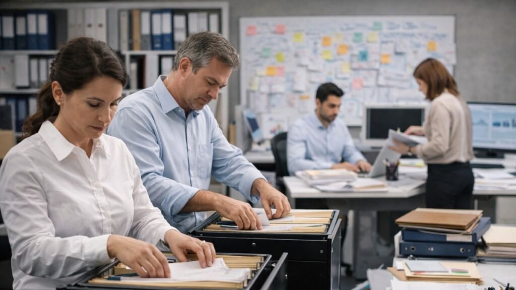 Equipe executando processos repetitivos organizados simbolizando consistência na experiência do cliente