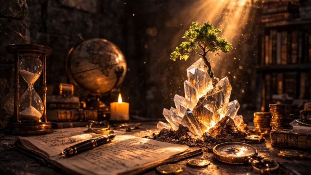 Estrutura cristalina crescendo sob um feixe de luz dourada em sala de pedra escura e ancestral.