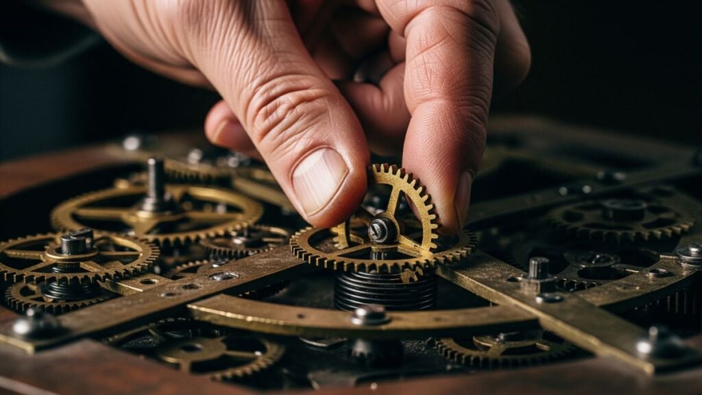 Mão madura e texturada encaixando uma engrenagem de latão em um mecanismo de relógio antigo sob luz chiaroscuro.