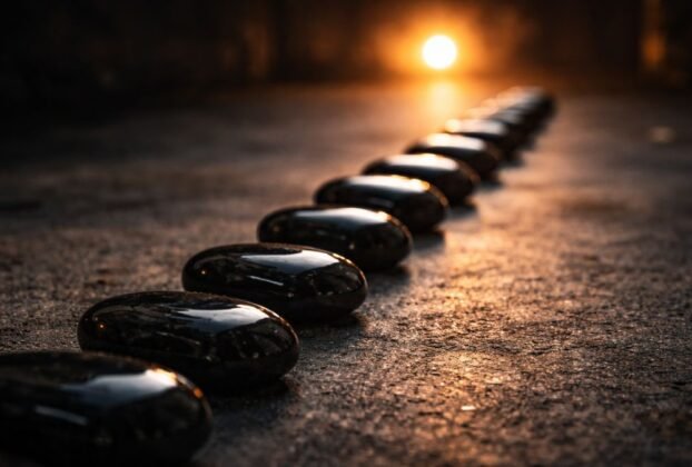 Sequência de 12 pedras de obsidiana polidas alinhadas sobre concreto escuro, guiando o olhar para uma luz âmbar distante.