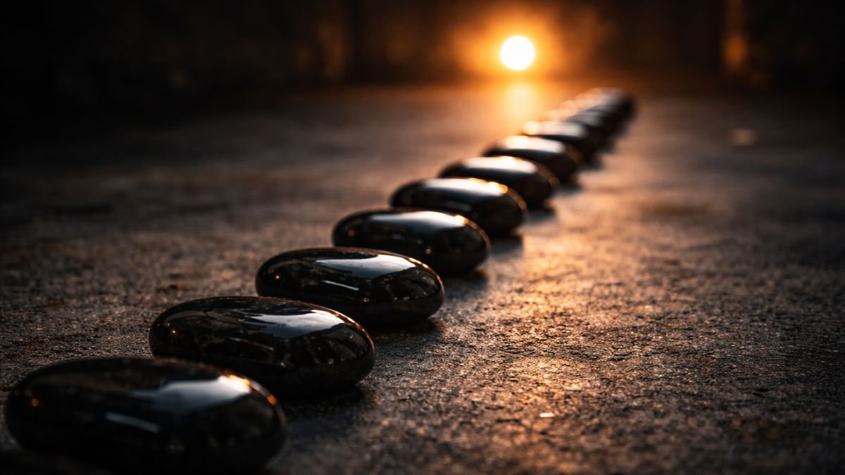 Sequência de 12 pedras de obsidiana polidas alinhadas sobre concreto escuro, guiando o olhar para uma luz âmbar distante.