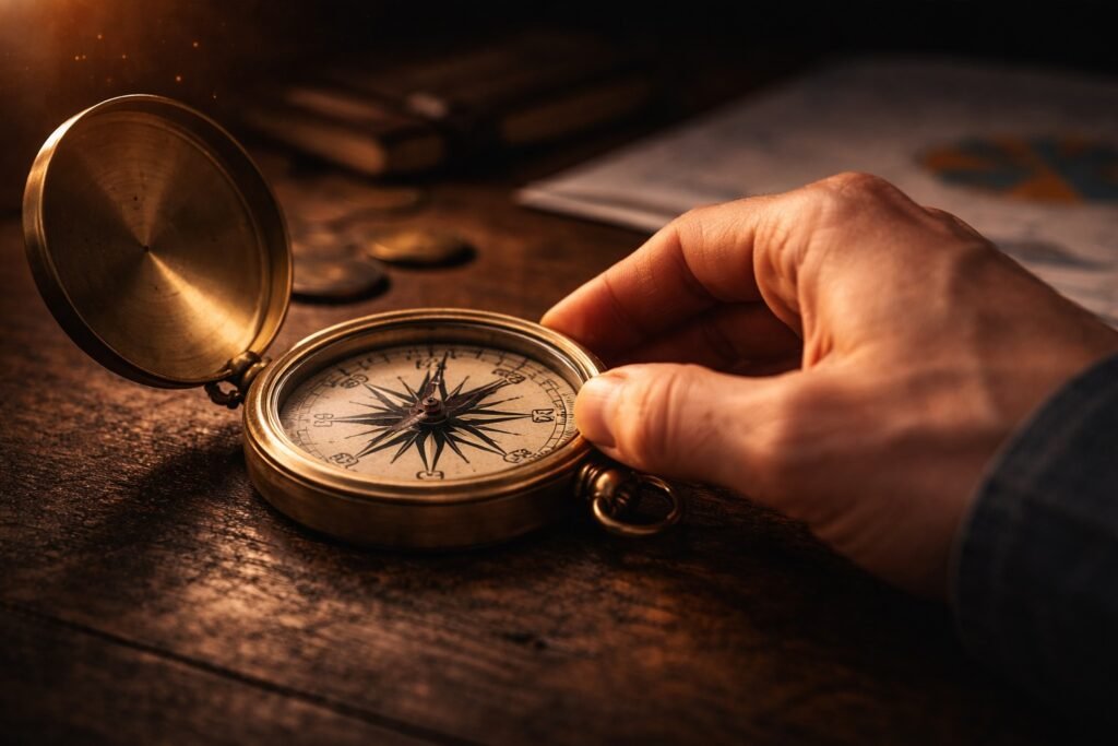 Mão ajustando bússola em ambiente escuro com foco na direção.