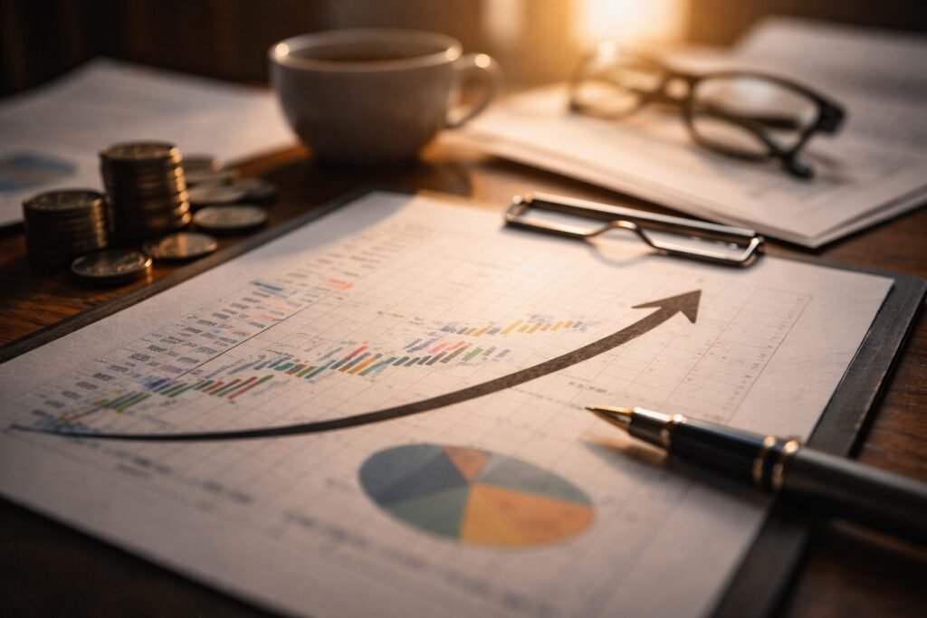 Gráfico ascendente desfocado sobreposto a elementos de consumo cotidiano.