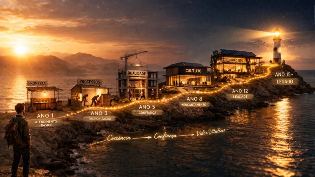 Estrutura sendo construída gradualmente ao longo do tempo representando coerência e impacto duradouro na customer experience
Função editorial: Resultado acumulado da coerência ao longo do tempo.