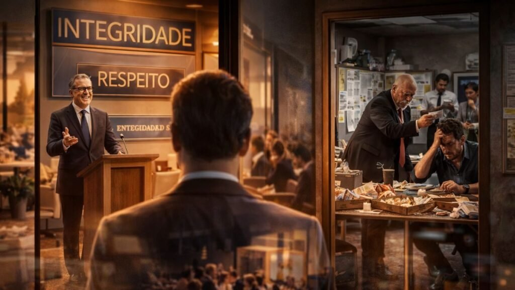 Cena contrastando discurso corporativo e comportamento real representando percepção do cliente na customer experience
Função editorial: Contraste entre valores declarados e valores praticados.