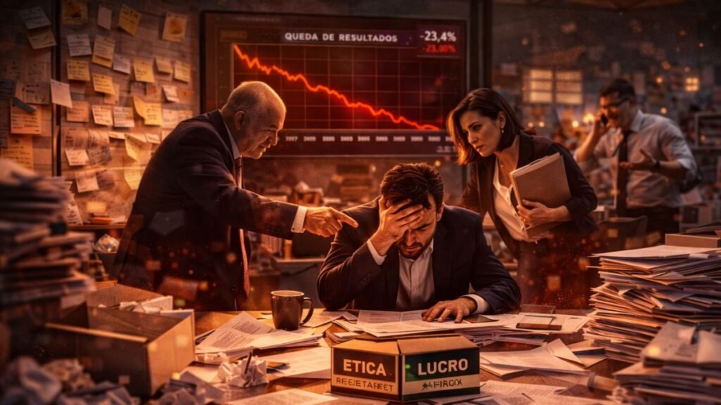 Ambiente corporativo sob tensão com desorganização simbolizando perda de confiança na customer experience
Função editorial: Ambiente de pressão revelando valores reais da organização.