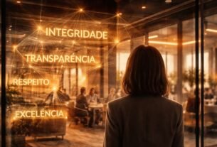 Cliente observando ambiente corporativo sofisticado como metáfora da percepção dos valores reais de uma empresa através da customer experience Função editorial: Metáfora central — cliente percebendo o que está por trás da estrutura invisível da empresa.