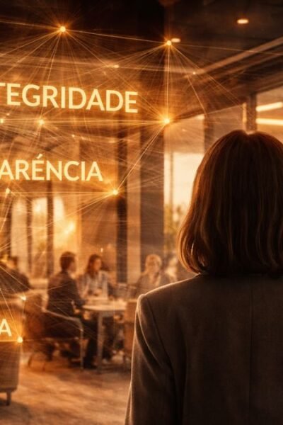 Cliente observando ambiente corporativo sofisticado como metáfora da percepção dos valores reais de uma empresa através da customer experience Função editorial: Metáfora central — cliente percebendo o que está por trás da estrutura invisível da empresa.