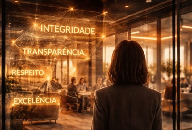 Cliente observando ambiente corporativo sofisticado como metáfora da percepção dos valores reais de uma empresa através da customer experience Função editorial: Metáfora central — cliente percebendo o que está por trás da estrutura invisível da empresa.