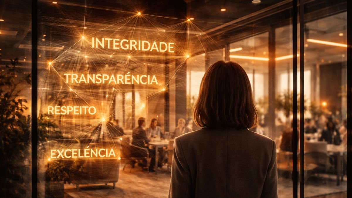 Cliente observando ambiente corporativo sofisticado como metáfora da percepção dos valores reais de uma empresa através da customer experience Função editorial: Metáfora central — cliente percebendo o que está por trás da estrutura invisível da empresa.
