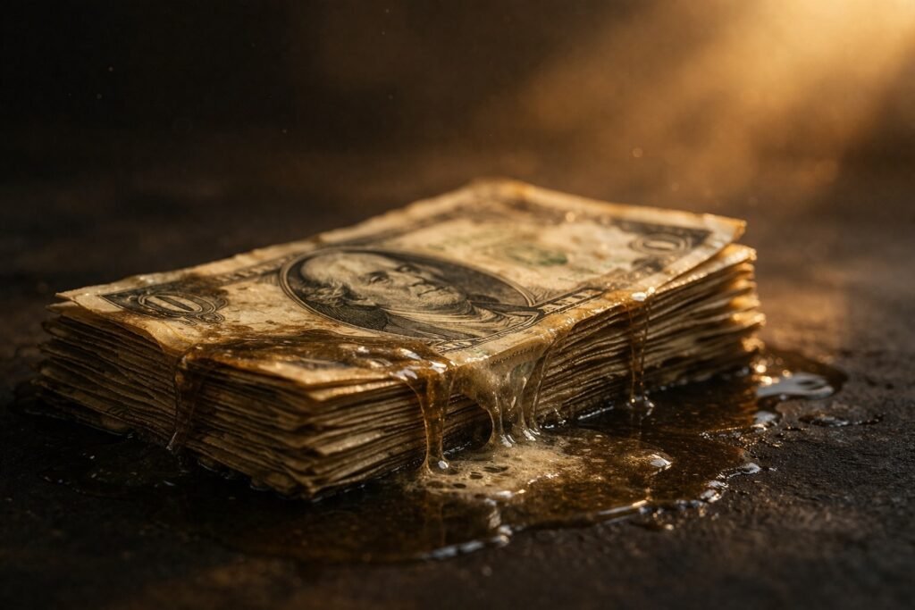 Notas empilhadas sob luz suave com desgaste progressivo visível.