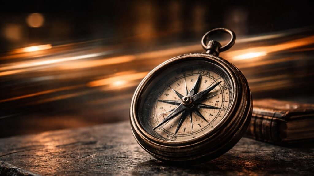 Bússola de ferro apontando firmemente para o Norte sobre mesa de pedra, com rastros de luz velozes e desfocados ao fundo.