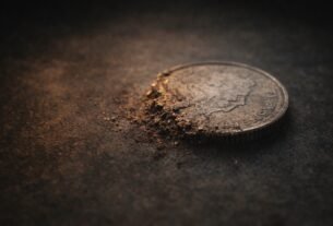 Moeda metálica desgastando-se lentamente sobre superfície escura sob luz controlada.