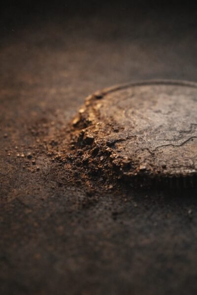 Moeda metálica desgastando-se lentamente sobre superfície escura sob luz controlada.