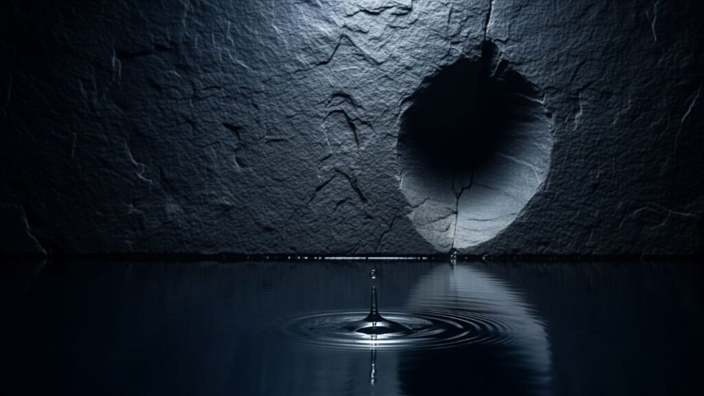 Macro de gota d'água criando ondulação em poço escuro, com encosta de pedra desgastada pelo tempo ao fundo.