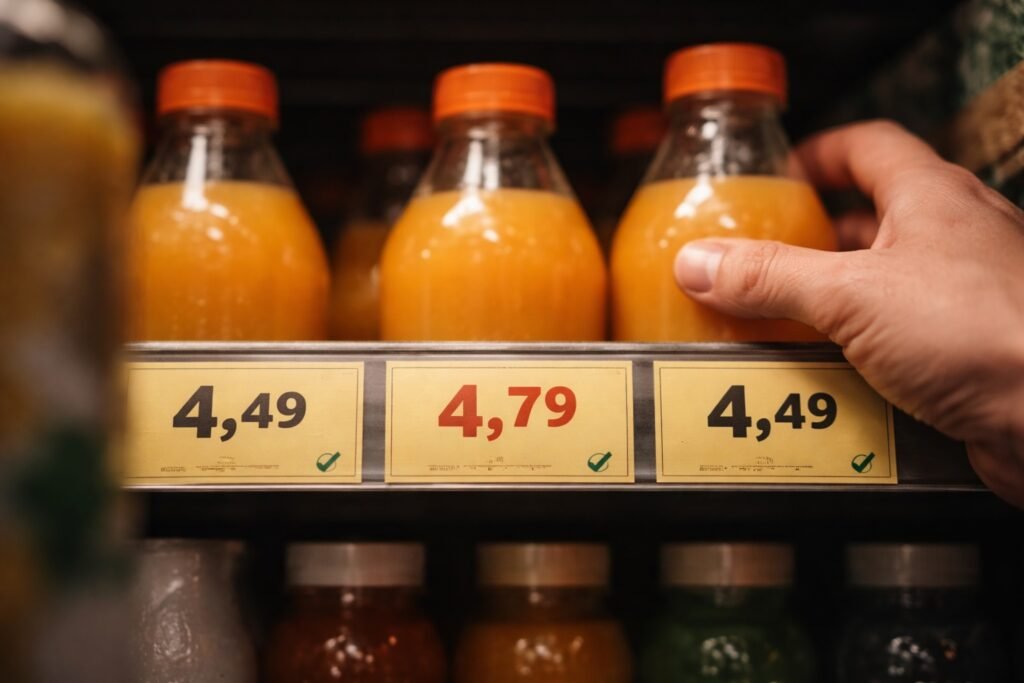 Prateleira com produtos semelhantes com variações sutis de preço sob iluminação suave.