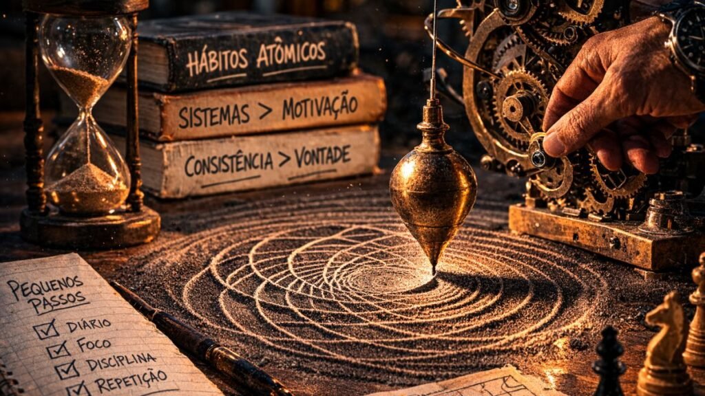 Pêndulo de latão esculpindo padrões geométricos precisos em areia escura, movido por mecânica visível.