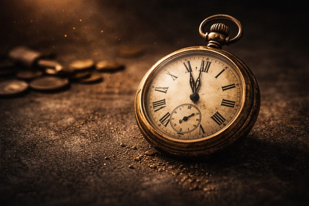 Relógio antigo com marcas de desgaste sobre superfície escura.