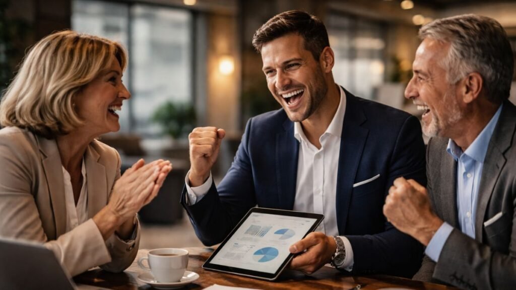 Profissionais analisando dados em conjunto durante interação consultiva, simbolizando validação de confiança e percepção de autoridade na customer experience