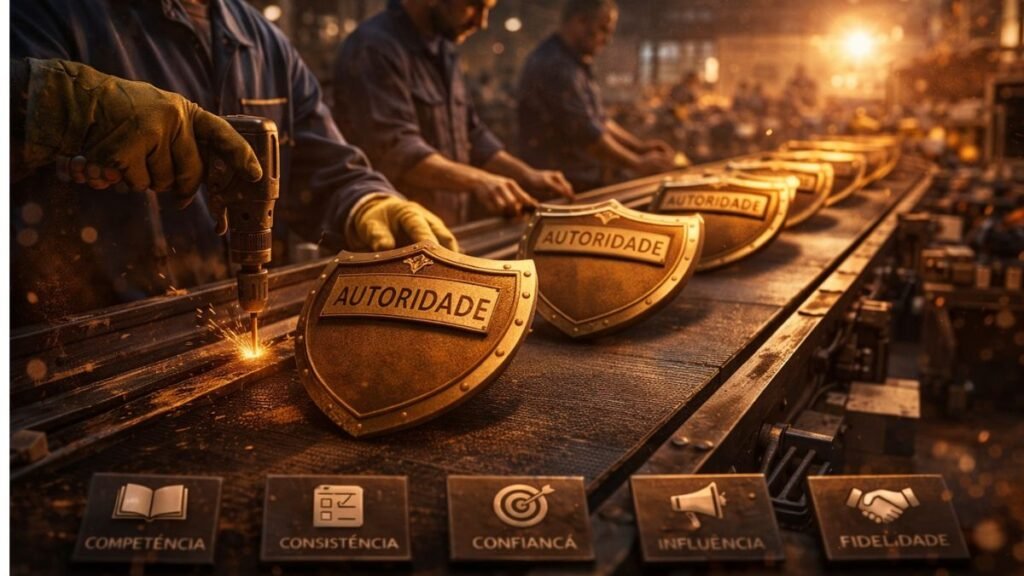 Linha de produção industrial criando escudos metálicos simbolizando construção consistente de autoridade através da customer experience