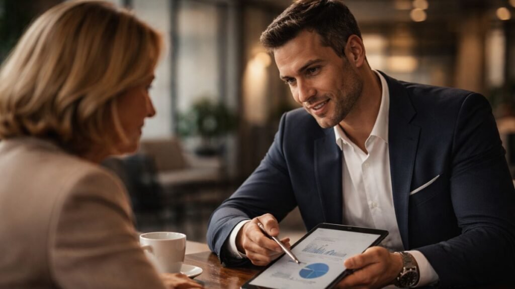 Profissional orientando cliente com confiança simbolizando influência baseada em autoridade