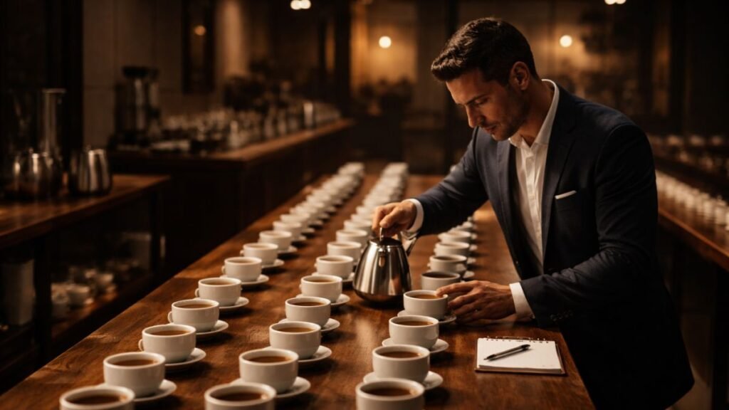 Profissional preparando cuidadosamente diversas xícaras de café em sequência com precisão e atenção aos detalhes, simbolizando consistência e construção de autoridade na customer experience