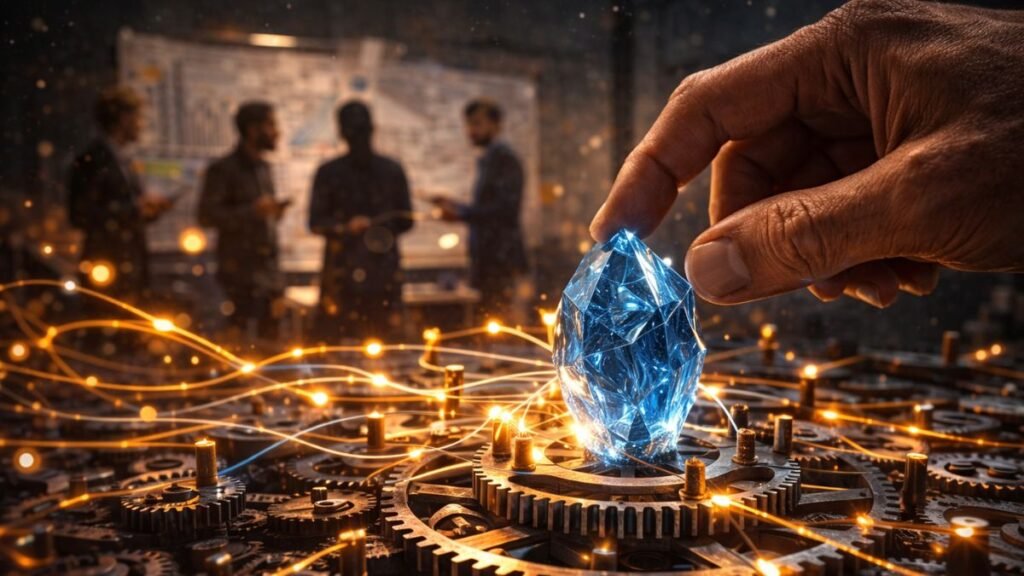 Mão madura e sutil ajustando uma peça de cristal azul incandescente no centro de um mecanismo de relógio de aço e cobre, em uma sala de concreto elegante.