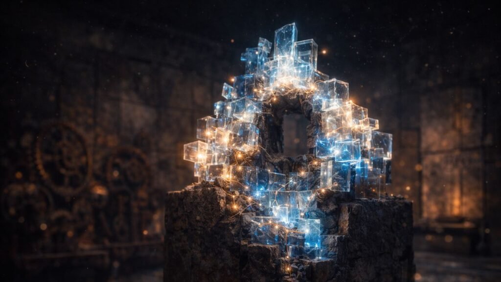 Estrutura complexa e fluida de blocos de cristal branco e azul incandescente crescendo em um monólito de pedra antiga e texturizada com engrenagens de metal enferrujado desfocadas ao fundo, em um museu escuro.