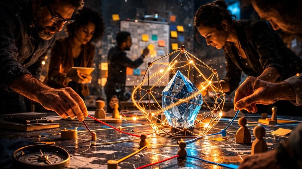 Cocoon de luz suave e quente envolvendo e protegendo um elemento frágil de cristal azul incandescente em uma sala brutalista de concreto e pedra texturizada.
