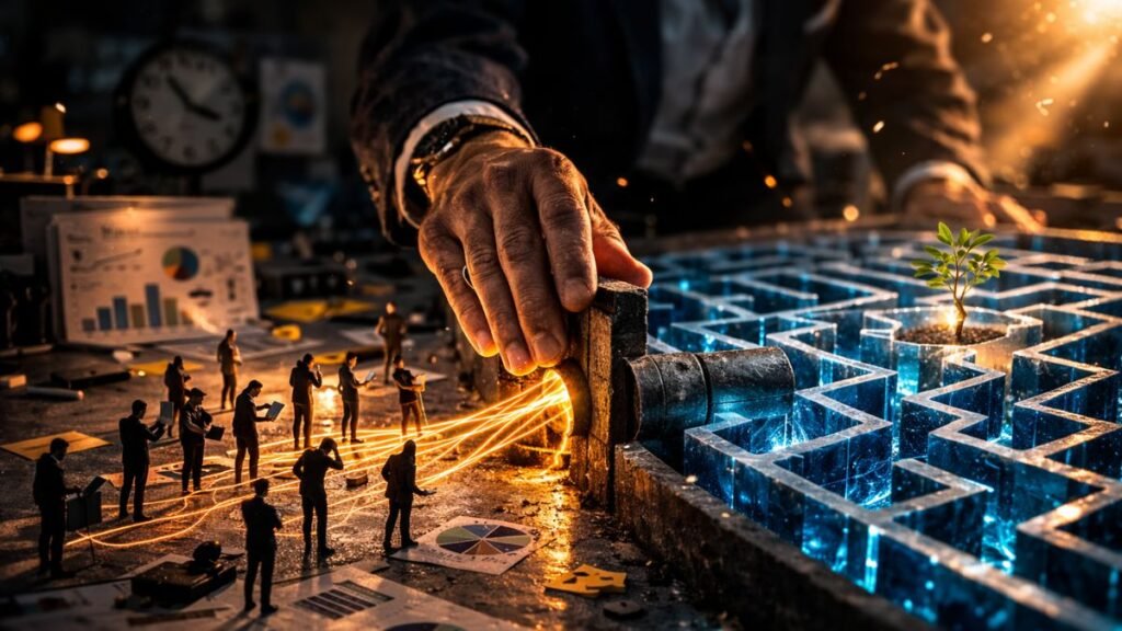 Mão madura e sutil redirecionando um feixe de luz âmbar que flui em direção a um labirinto de cristal azul incandescente, em uma sala de concreto escura.