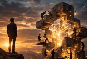 Monólito de pedra antiga e texturizada com um complexo de cristal branco incandescente embutido, simbolizando o aprendizado contínuo como capital estratégico.