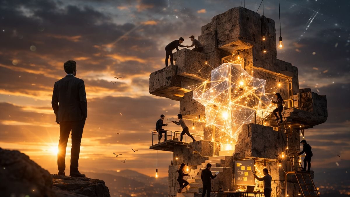 Monólito de pedra antiga e texturizada com um complexo de cristal branco incandescente embutido, simbolizando o aprendizado contínuo como capital estratégico.