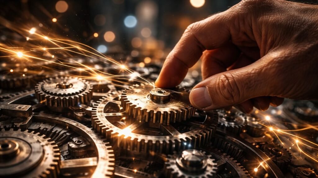 Close-up de um mecanismo de relógio de aço e cobre em freeze-frame, com trilhas de luzes caóticas douradas e brancas desfocadas ao fundo, em um workshop industrial escuro.
