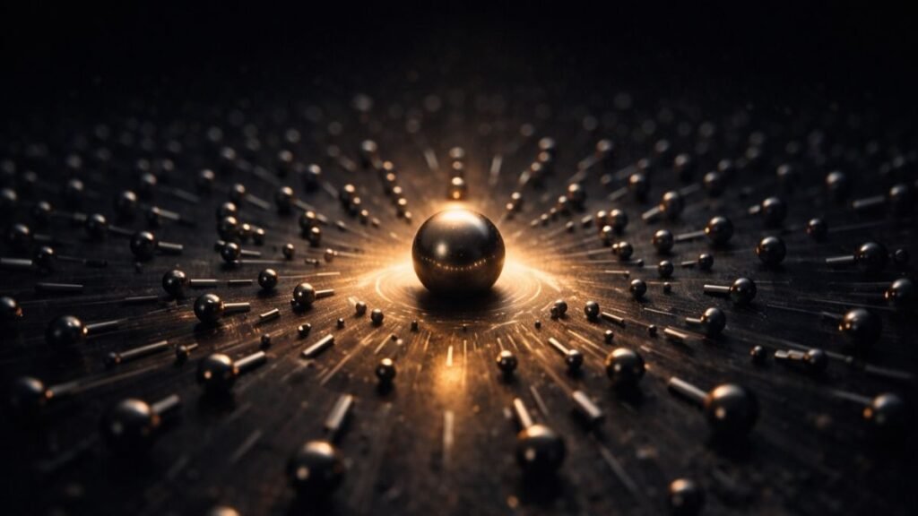 Esfera metálica central emitindo luz quente enquanto pequenas esferas e hastes metálicas se organizam gravitacionalmente ao redor em ambiente escuro cinematográfico.