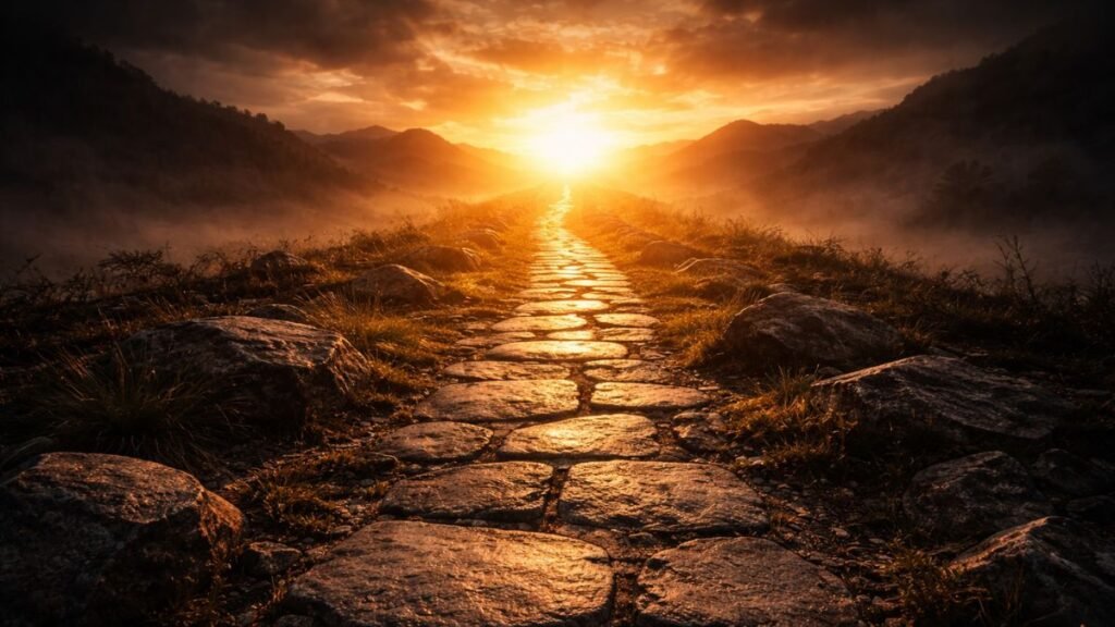 Caminho de pedras antigas iluminado por um nascer do sol dourado atravessando uma paisagem montanhosa com atmosfera cinematográfica.