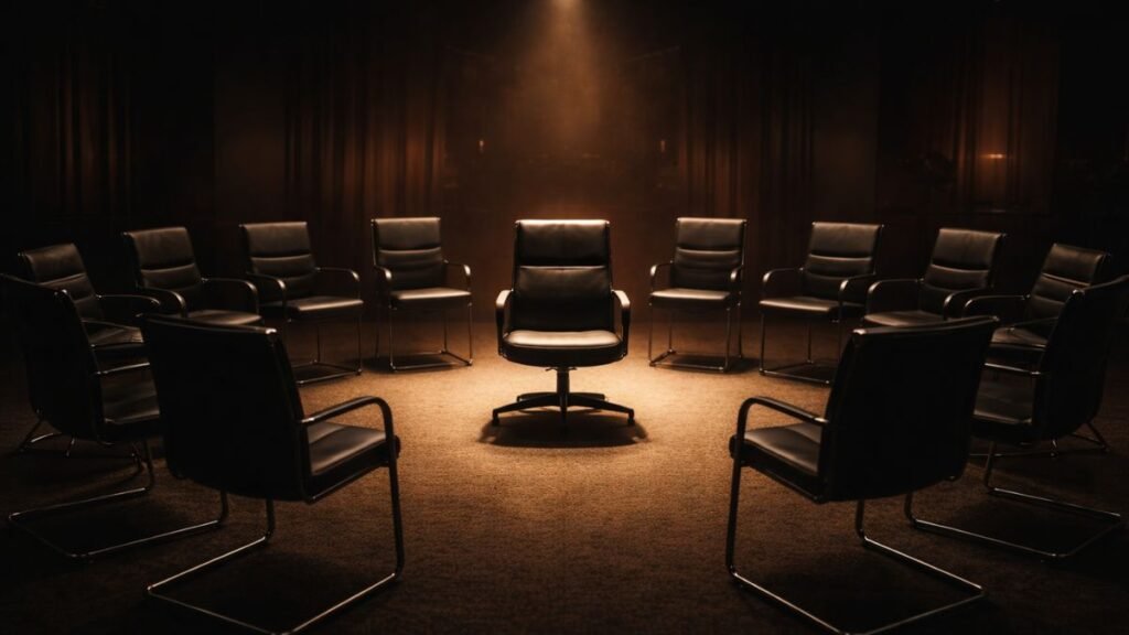 Círculo de cadeiras vazias em sala escura com uma única cadeira iluminada no centro sob luz quente cinematográfica.