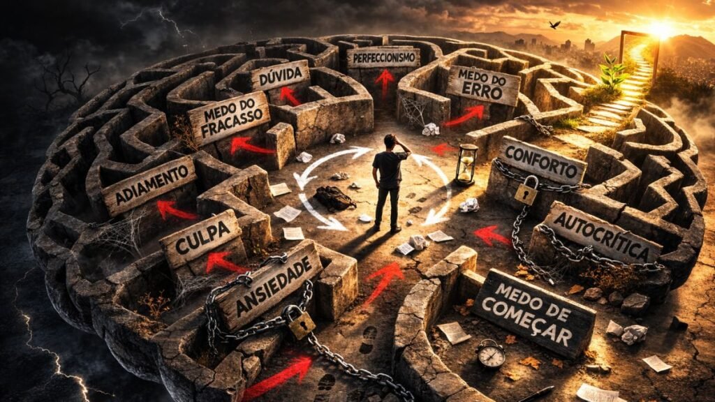 Labirinto de pedra em formato de cérebro visto de cima com uma única pessoa caminhando em círculos no centro em iluminação cinematográfica.