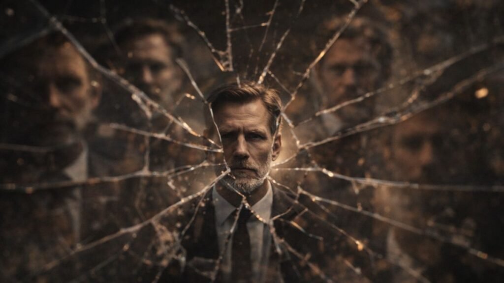 Rosto de homem refletido em espelho quebrado com múltiplas imagens desfocadas ao redor e um único fragmento central em foco dramático.