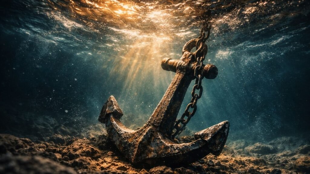 Âncora de ferro antiga presa no fundo do oceano enquanto a água acima está turbulenta e feixes de luz dourada atravessam a superfície agitada.