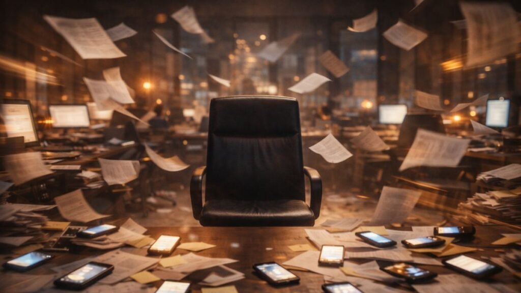 Cadeira executiva vazia em mesa corporativa cercada por smartphones vibrando, papéis voando e telas acesas em escritório escuro, simbolizando atividade organizacional sem liderança presente.