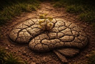 Solo seco rachado formando o desenho de um cérebro humano com pequena planta frágil crescendo no centro em ambiente dramático cinematográfico.