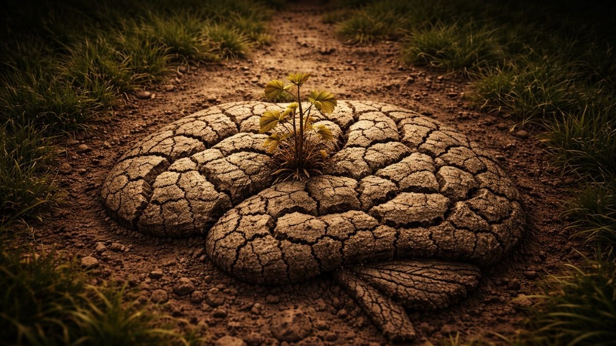 Solo seco rachado formando o desenho de um cérebro humano com pequena planta frágil crescendo no centro em ambiente dramático cinematográfico.